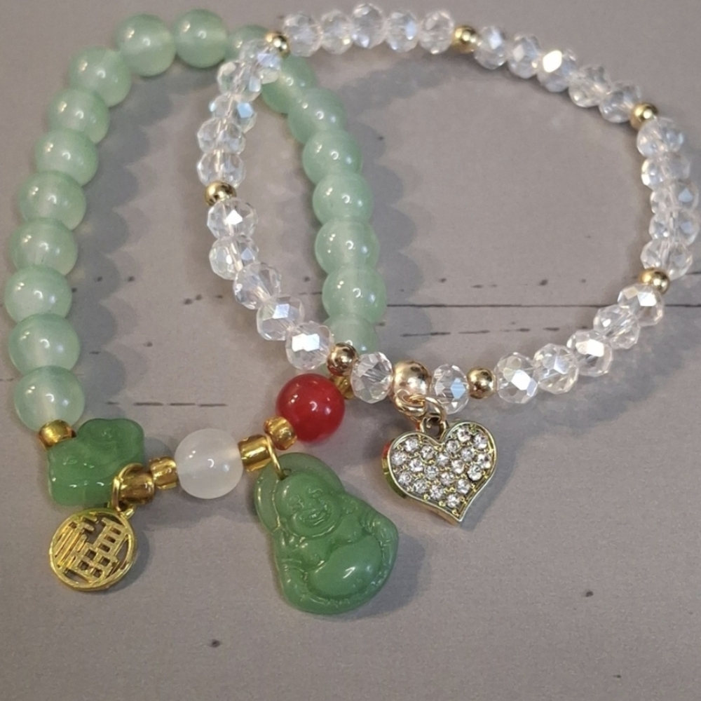 Green & Gold Beaded Bracelet Set, Buddah Charm